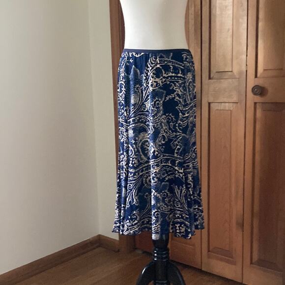 Snoskins Blue & Cream Stretch Pull On Midi Skirt, Size S - Picture 1 of 7